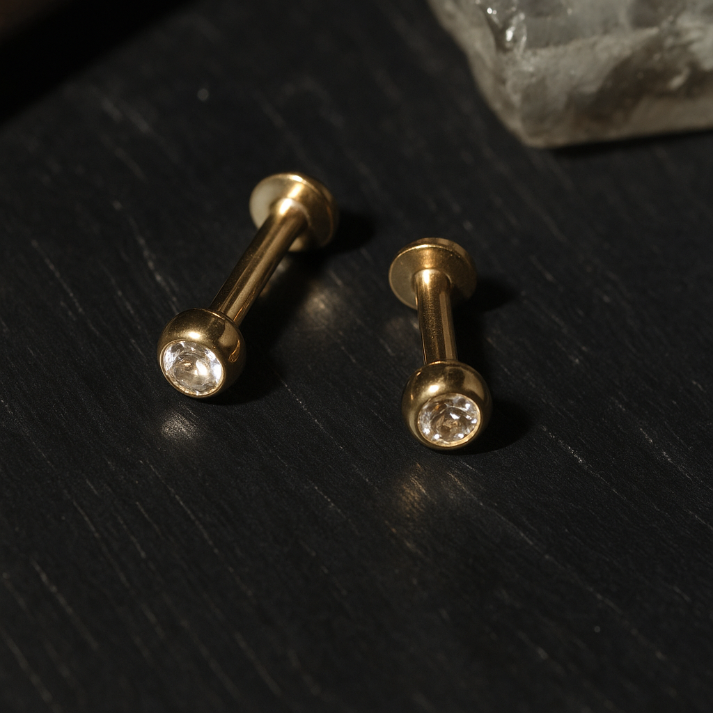 14K Gold Round CZ Jewelled Push-Fit Labret with Flatback Stud - Monster Piercing