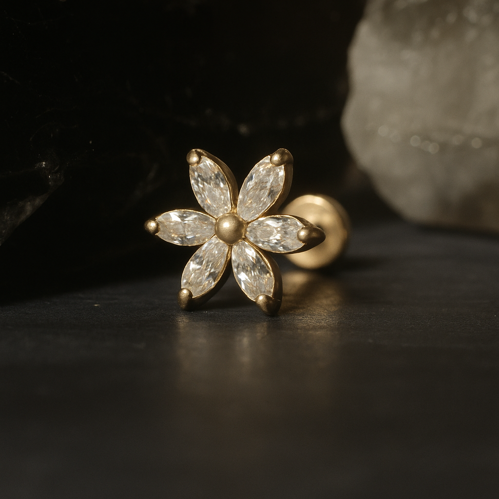 14K Gold Marquise CZ Jewelled Pentas Flower Internal Thread Labret with Flowerback Stud - Monster Piercing