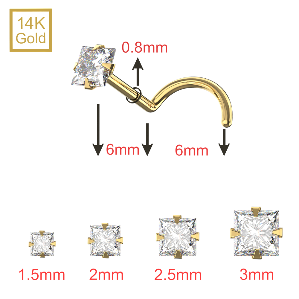 14K Gold Square CZ Jewelled Nose Screw - Monster Piercing