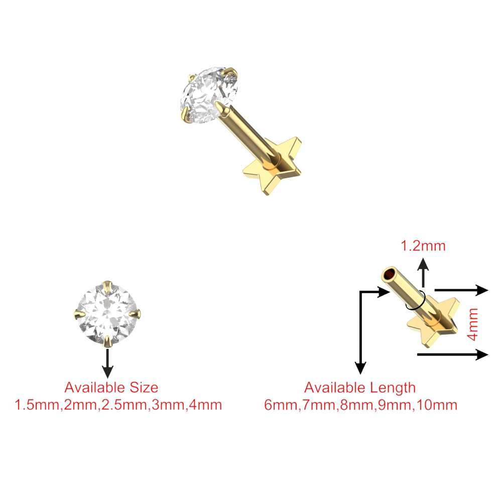 925 Sterling Silver Round CZ Jewelled Thread-less Push-Fit With Star Flat-Back - Monster Piercing