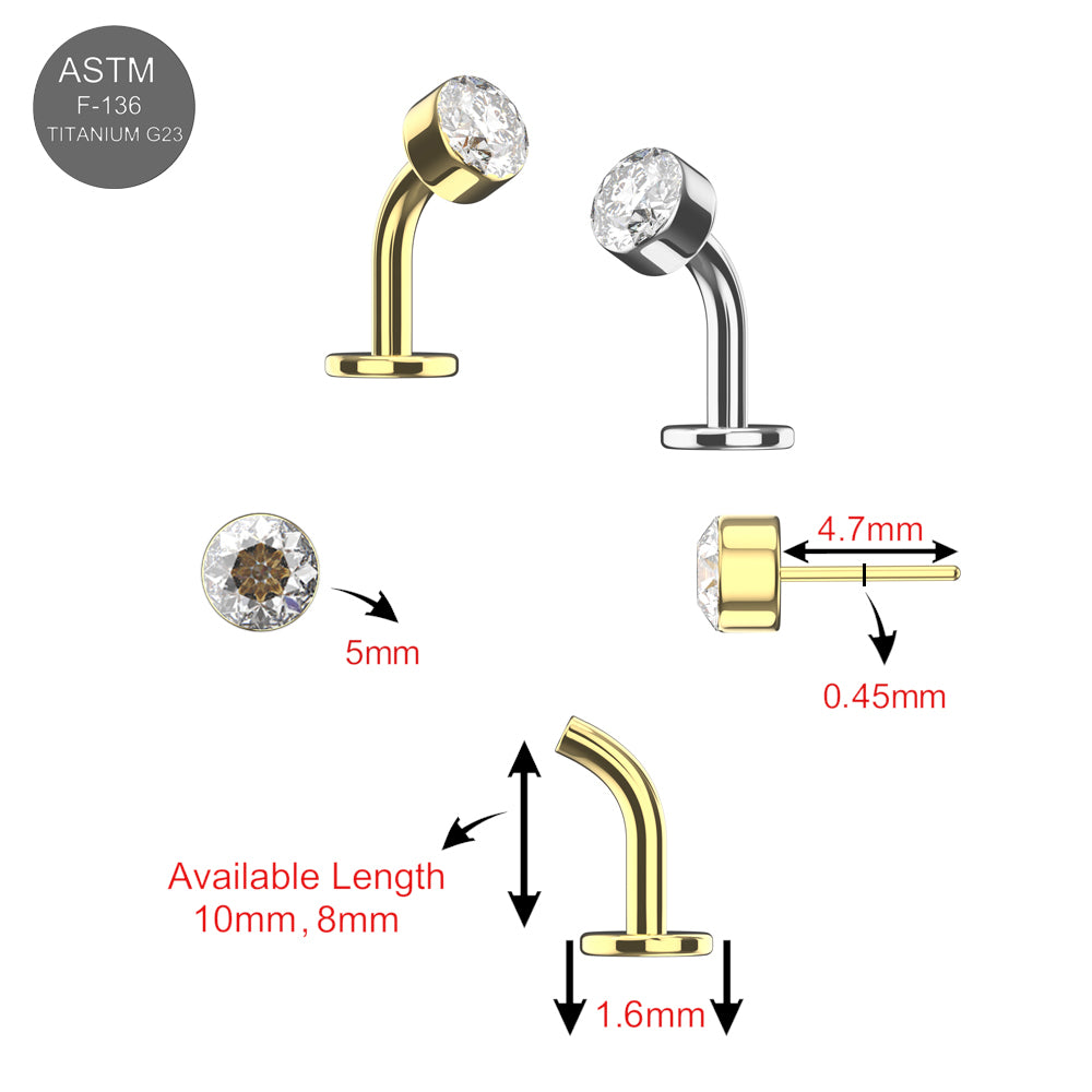 Detailed diagram of G23 Titanium Round CZ Jewelled Threadless Floating Belly Ring showing size options, gem dimensions, and threadless design.