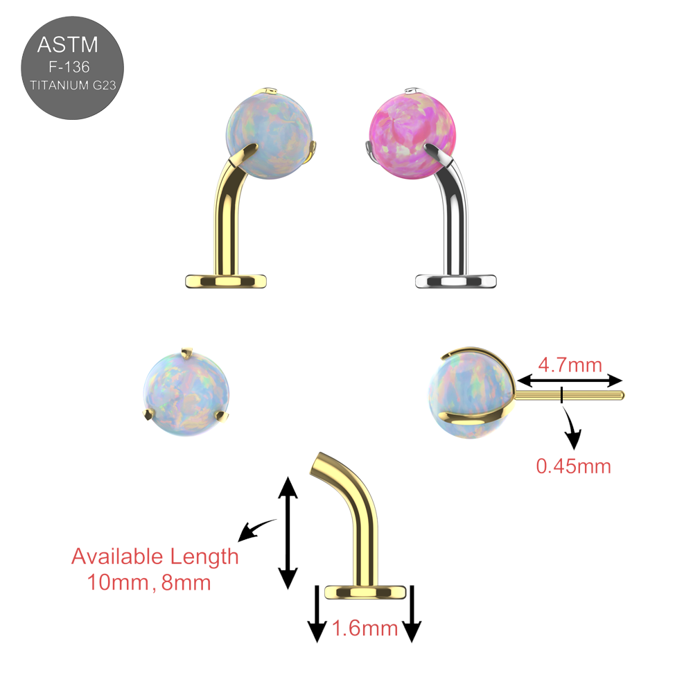 G23 Titanium Opal Ball Jewelled Threadless Floating Belly Ring size chart showing 10mm and 8mm lengths with 1.6mm gauge and 4.7mm opal ball.