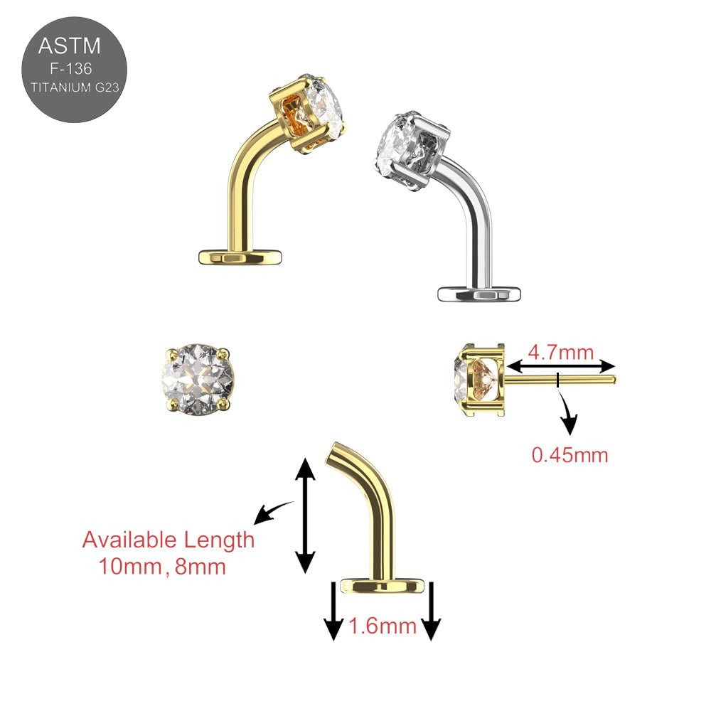 Detailed diagram of G23 titanium round CZ jewelled threadless floating belly ring showing gold and silver options, sizes, and threadless design specs.