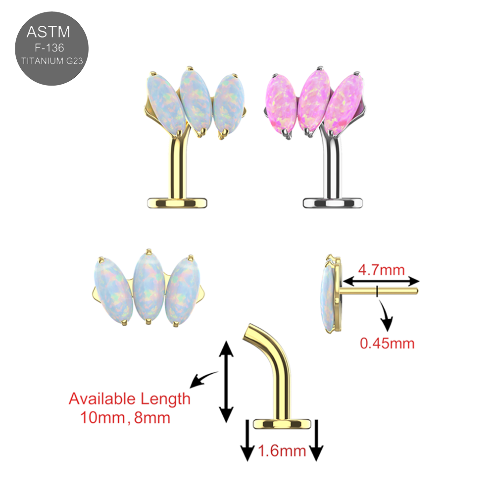 G23 titanium tri marquise opal jewelled threadless floating belly ring size chart showing pink, blue, and white opal variants with measurements and gold/silver options.