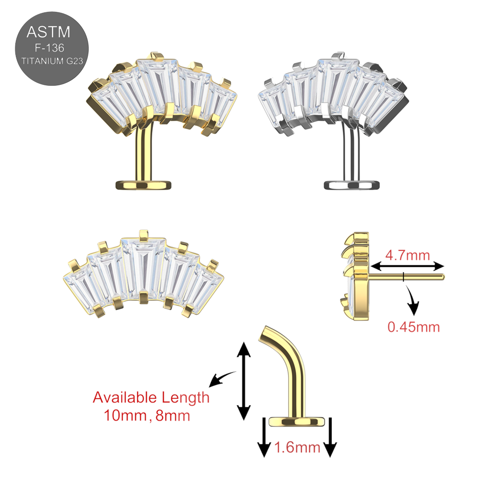 G23 Titanium Crown Shape CZ Jewelled Threadless Floating Belly Ring in gold and silver with size dimensions and post angle details displayed.