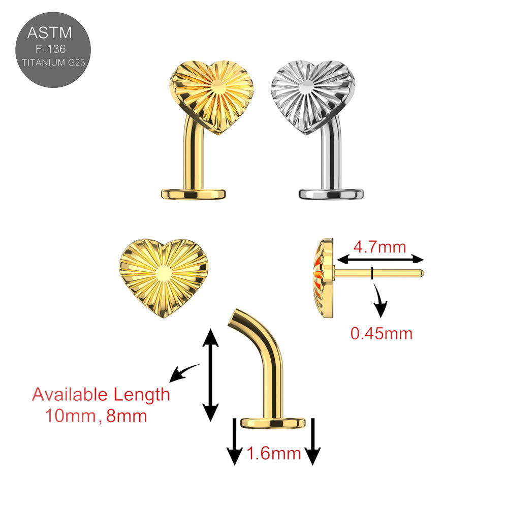 G23 Titanium Radiant Heart Threadless Floating Belly Rings in gold and silver with size dimensions, perfect for stylish and comfortable belly piercings.