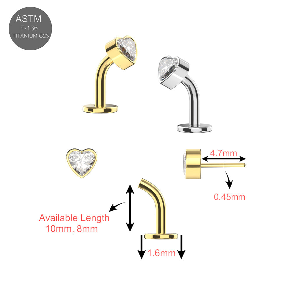 Detailed diagram of G23 Titanium Heart CZ Jewelled Threadless Floating Belly Ring in gold and silver, showing dimensions and threadless design options.