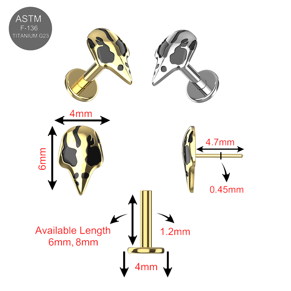 Detailed size chart of Raven Skull Flatback Studs in silver and gold G23 titanium, showing dimensions and push-fit flatback design options.