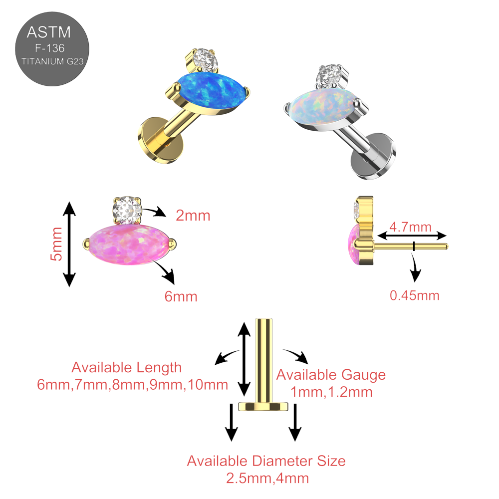 Oval Opal & CZ Threadless Stud — G23 Titanium size chart with color options, gauge, length, and diameter for body jewelry selection.