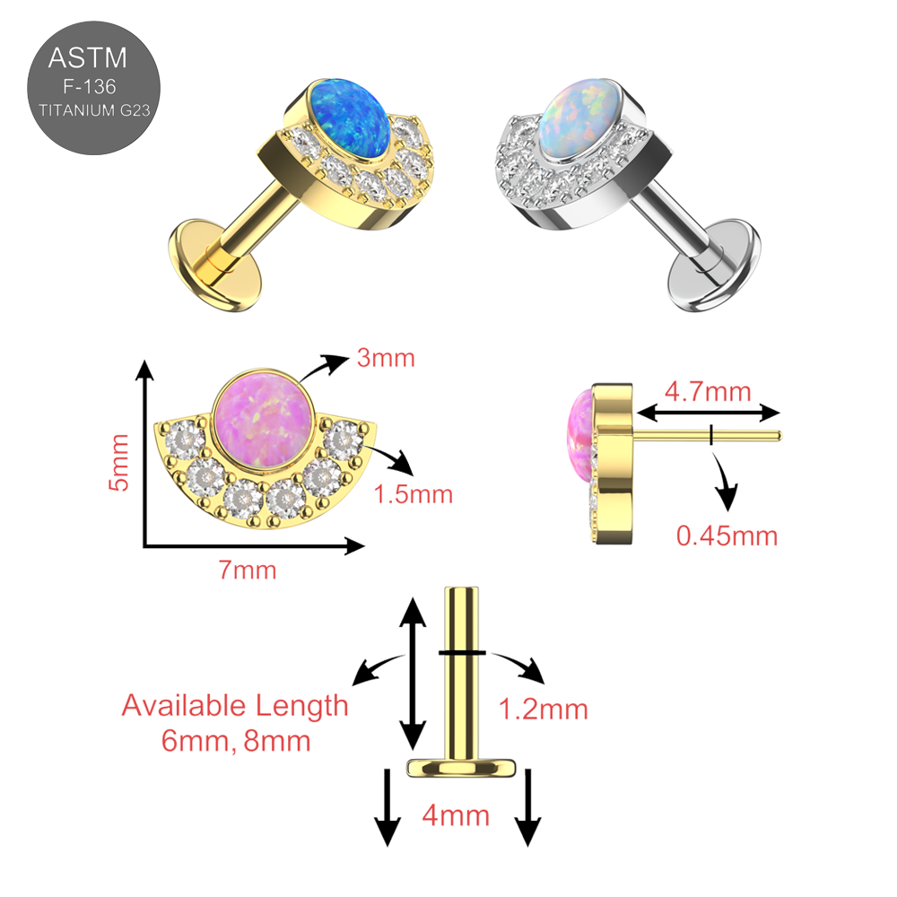 G23 Titanium Crescent Opal & CZ Threadless Stud size chart showing dimensions, opal color options, and flatback push-fit design.