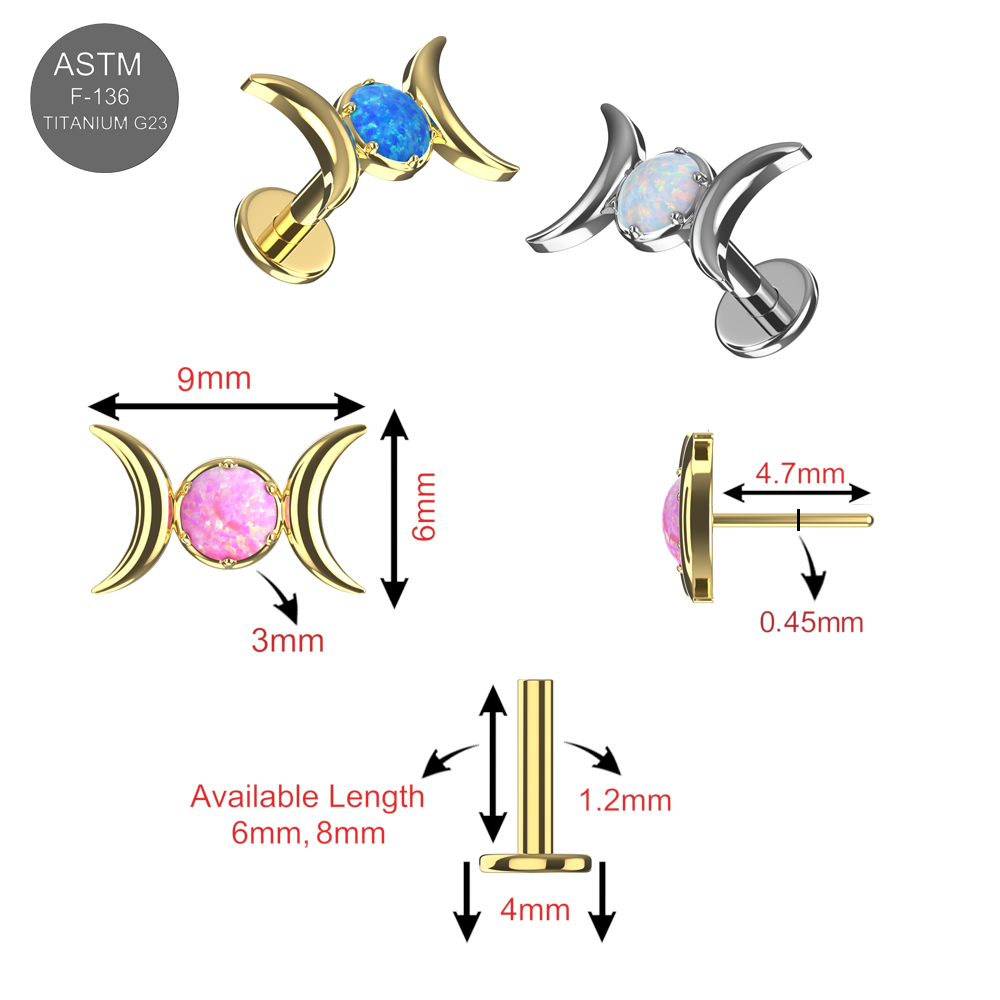 Detailed diagram of G23 titanium opal moon phase flatback stud showing size, dimensions, and threadless push-fit design for body jewelry piercings.