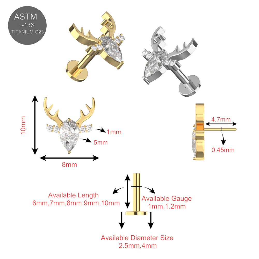 G23 Titanium CZ Jewelled Deer Thread-less Flatback Stud - Monster Piercing