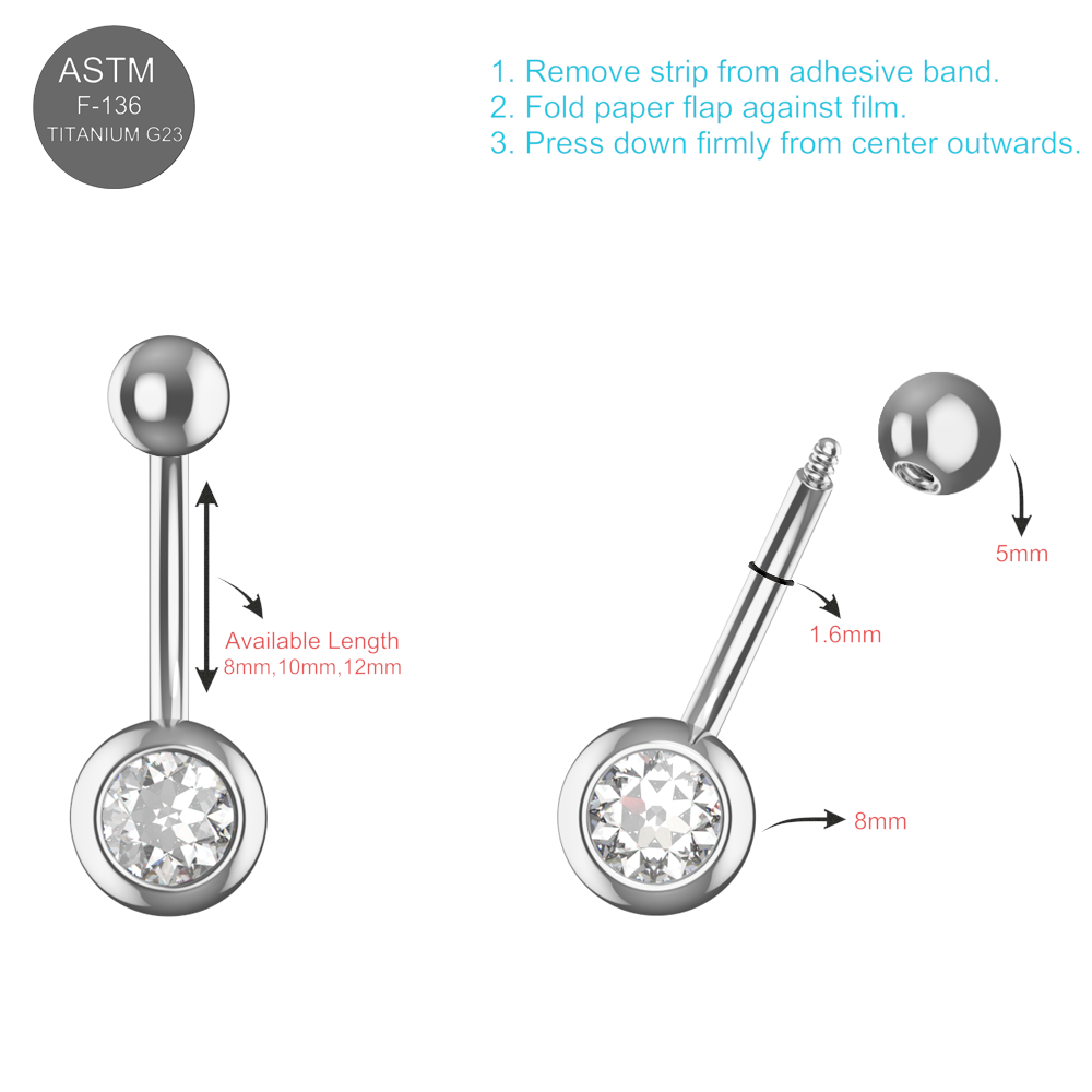 EO Gas Sterilised 316L Surgical Steel Single CZ Jewelled Belly Ring 8mm 10mm 12mm