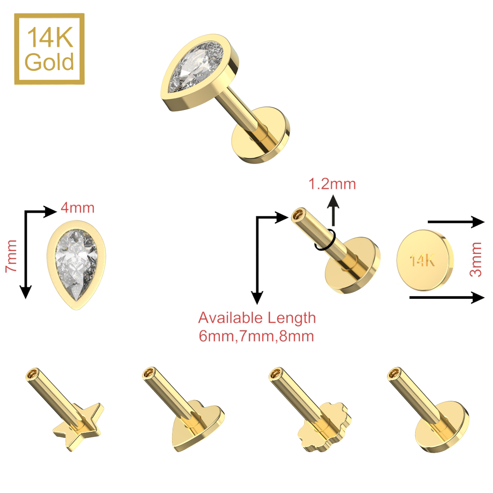 14K Gold Teardrop CZ Top With Internal Thread Base Labret - Monster Piercing