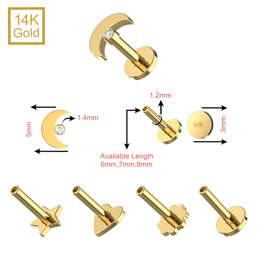 14K Gold Cubic Zirconia Jewelled Crescent Top With Internal Thread Base Labret - Monster Piercing