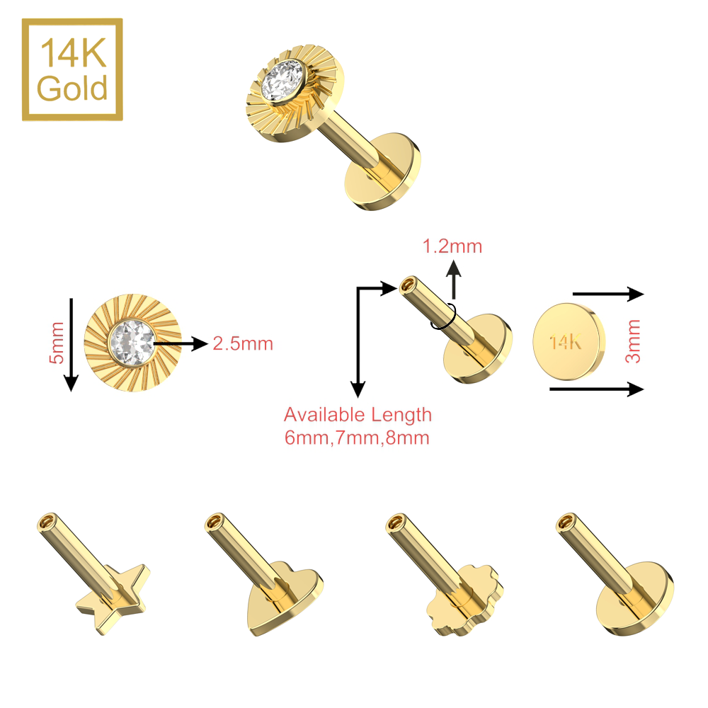 14K Gold  CZ Jeweled Laser Cut Button Top With Internal Thread Base Labret - Monster Piercing