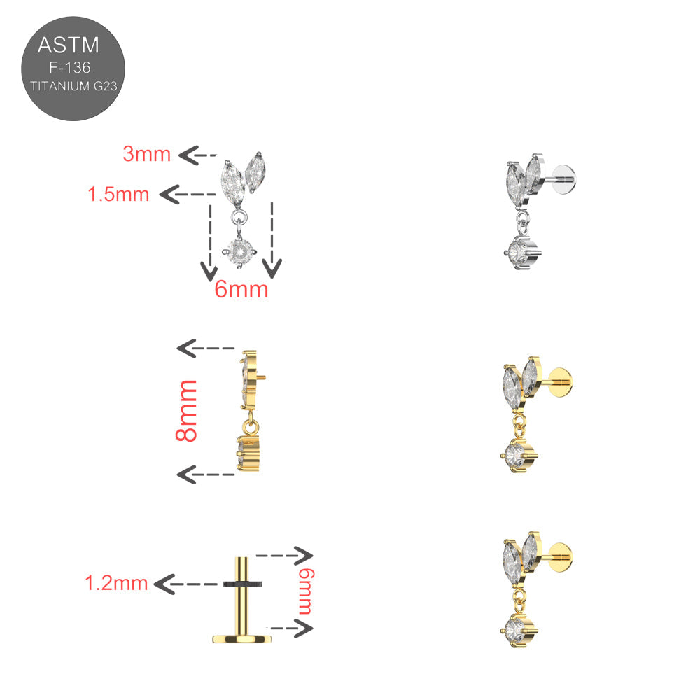 G23 Titanium Marquise & Round CZ Dangle Labret Stud - Monster Piercing