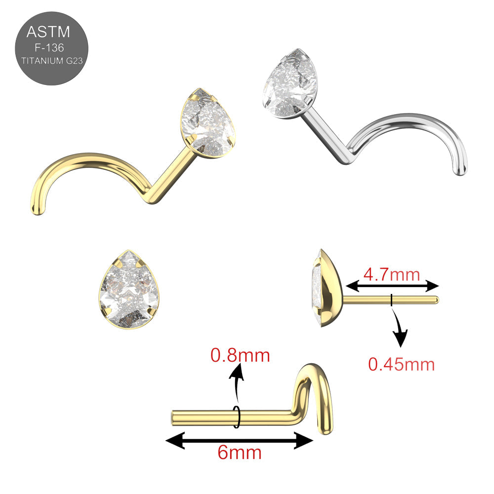Detailed view of G23 Titanium Teardrop CZ Jewelled Threadless Nose Screws in silver and gold with size dimensions, showcasing secure fit and premium design.