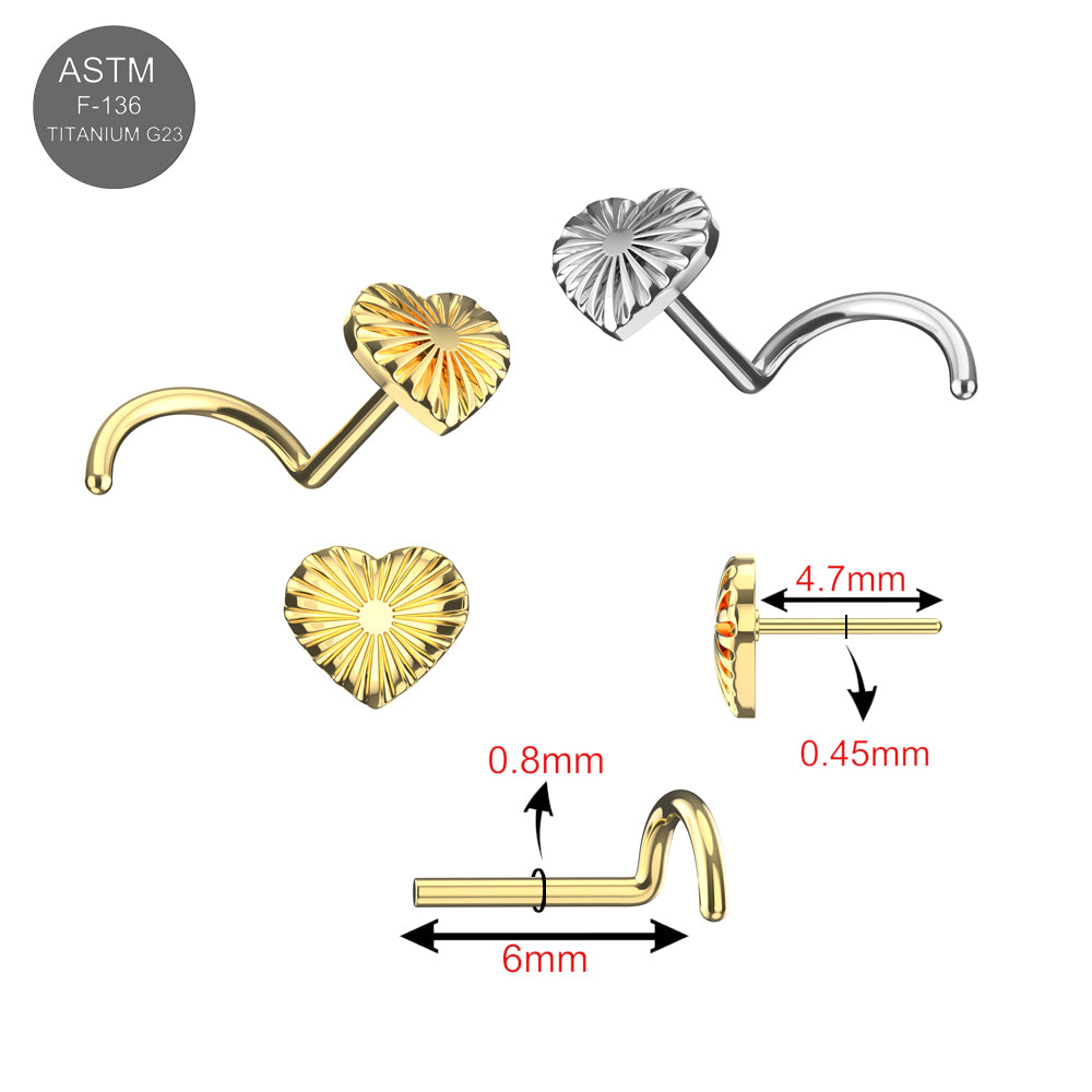 G23 Titanium Radiant Heart Threadless Nose Screws in gold and silver with size dimensions, highlighting hypoallergenic and secure fit features.