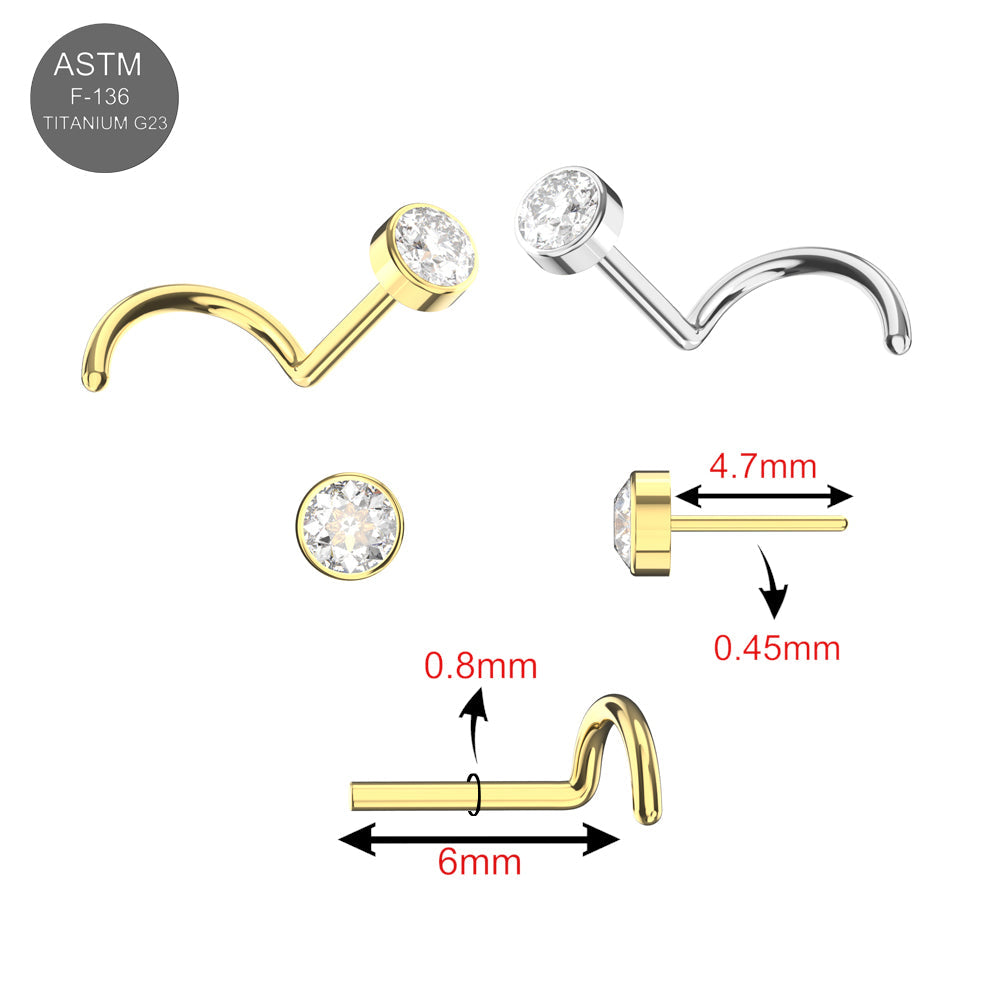 Detailed view of G23 titanium round CZ jewelled threadless nose screws in gold and silver, with measurements and cubic zirconia stone close-up.