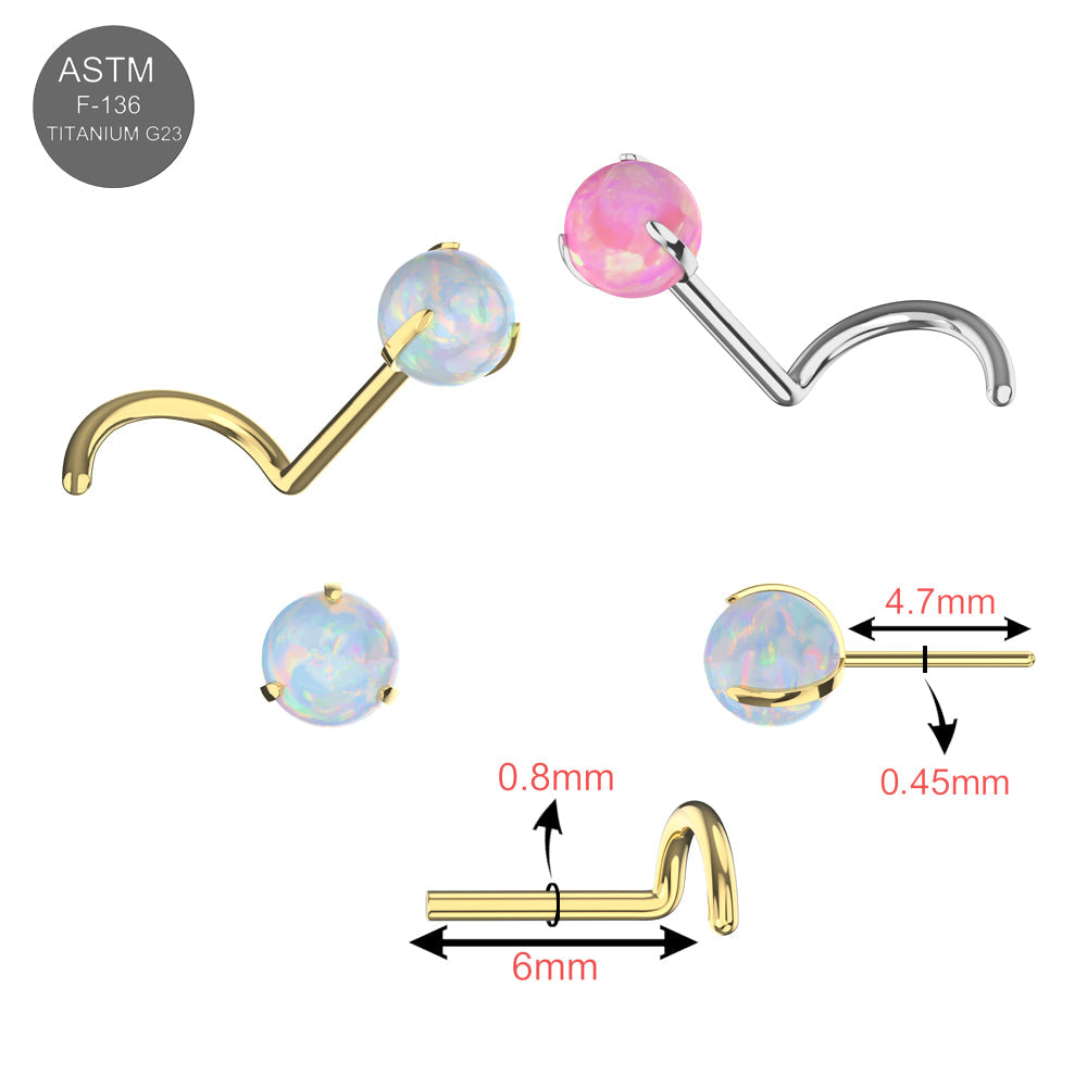 Assorted G23 Titanium Opal Ball Threadless Nose Screws in gold and silver with size dimensions. Includes pink, blue, and white opal options.