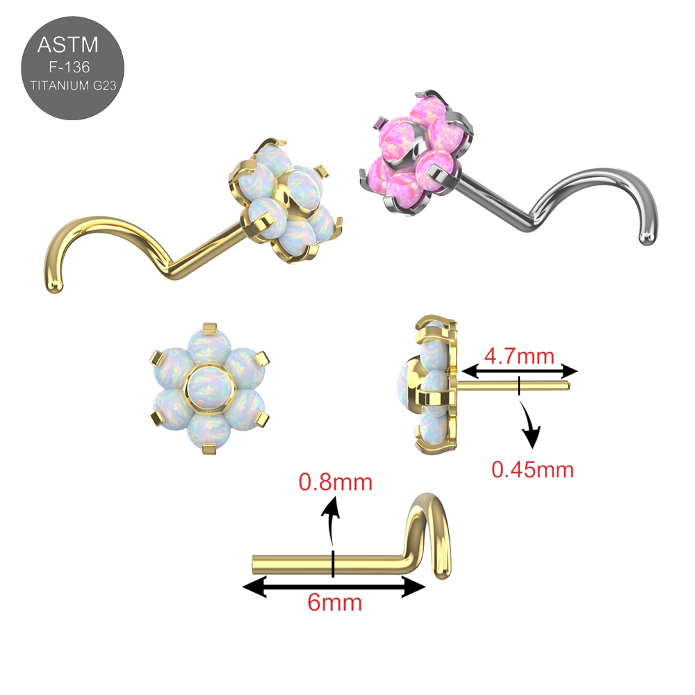 G23 Titanium Opal Flower Threadless Nose Screw in multiple opal colors with detailed size specs, showcasing premium quality and precise fit.