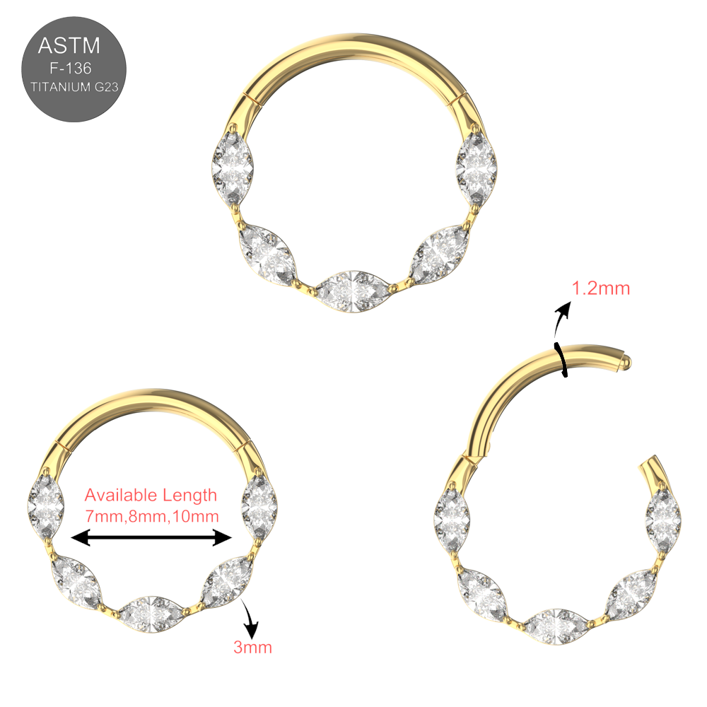 G23 Titanium Cubic Zirconia Marquise Linked Hinged Segment Clicker Ring - Monster Piercing