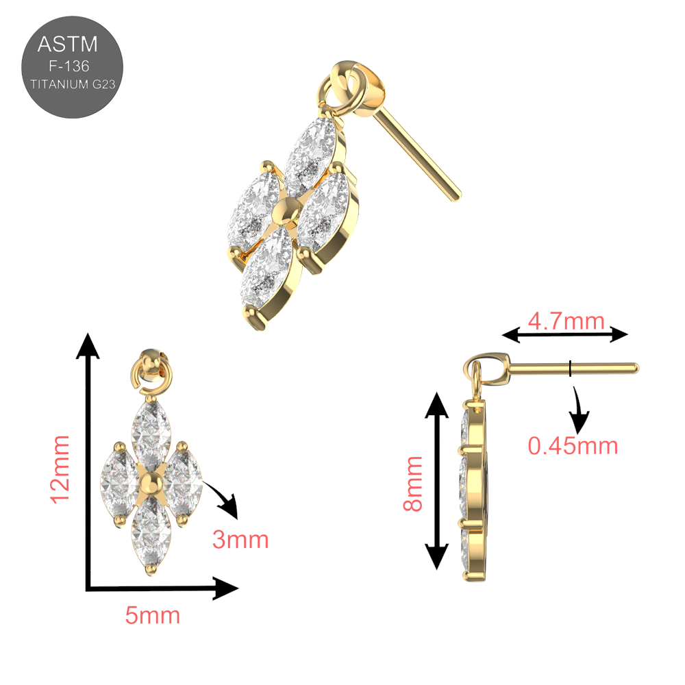 G23 Titanium 4 CZ Marquise Jewelled Hanging Threadless Pin Top - Monster Piercing