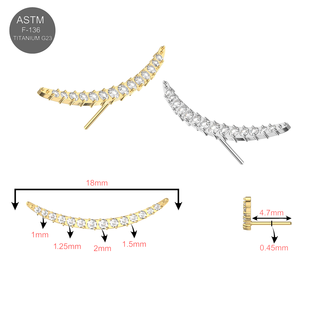 G23 Titanium CZ Jewelled Crescent Moon Threadless Pin Top - Monster Piercing