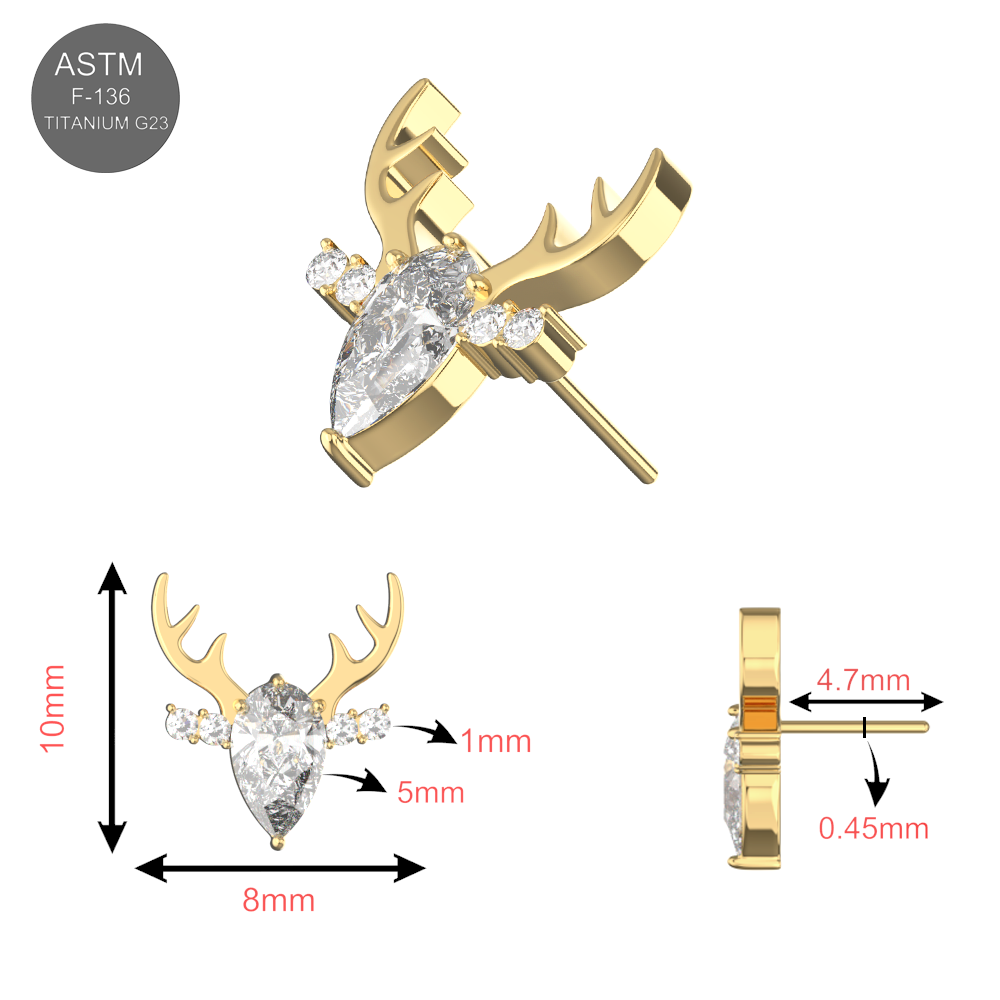 G23 Titanium Clear CZ Jewelled Deer Threadless Pin Top - Monster Piercing