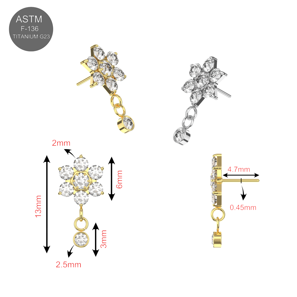 Detailed dimensions of G23 Titanium Flower CZ Dangle Threadless Top in gold and silver, showing 13mm length and 2mm post for precise piercing fit.
