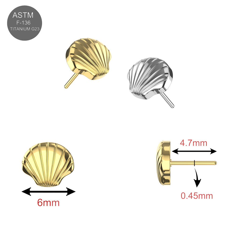 Luxury Seashell Elegance Threadless Top in Premium Titanium with size chart. Gold and silver options in 6mm width, 4.7mm height, and 0.45mm post thickness.