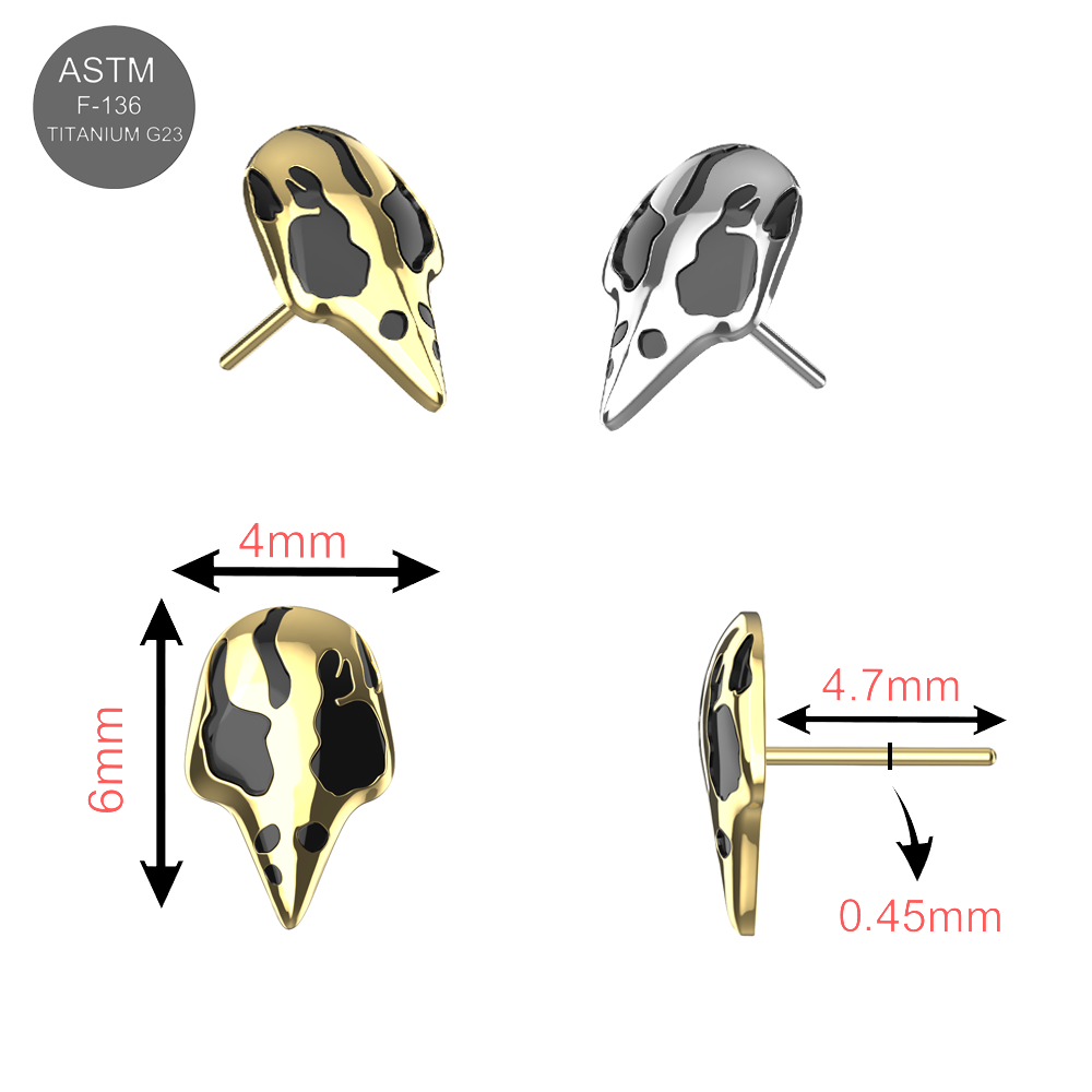 G23 Titanium Raven Skull Top size chart showing gold and silver variants with 6mm height, 4mm width, and 0.45mm post thickness. ASTM F-136 certified.