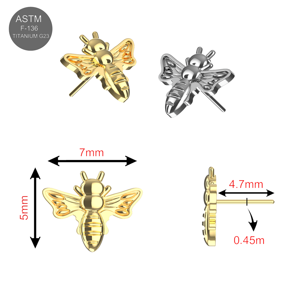 Buzzing Bee Threadless Top size chart with gold and silver G23 Titanium options. Shows 7mm width, 5mm height, and 4.7mm post length.
