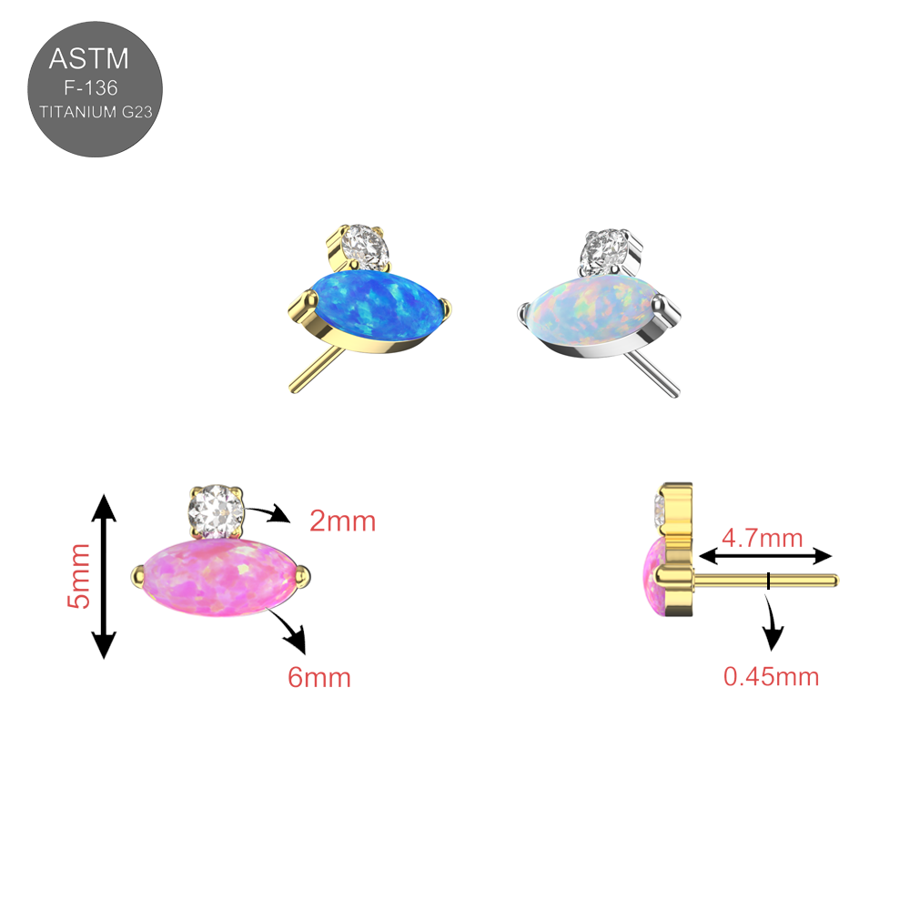 G23 Titanium Oval Opal & CZ Threadless Top size chart showing dimensions and color options, ideal for selecting the perfect piercing accessory.