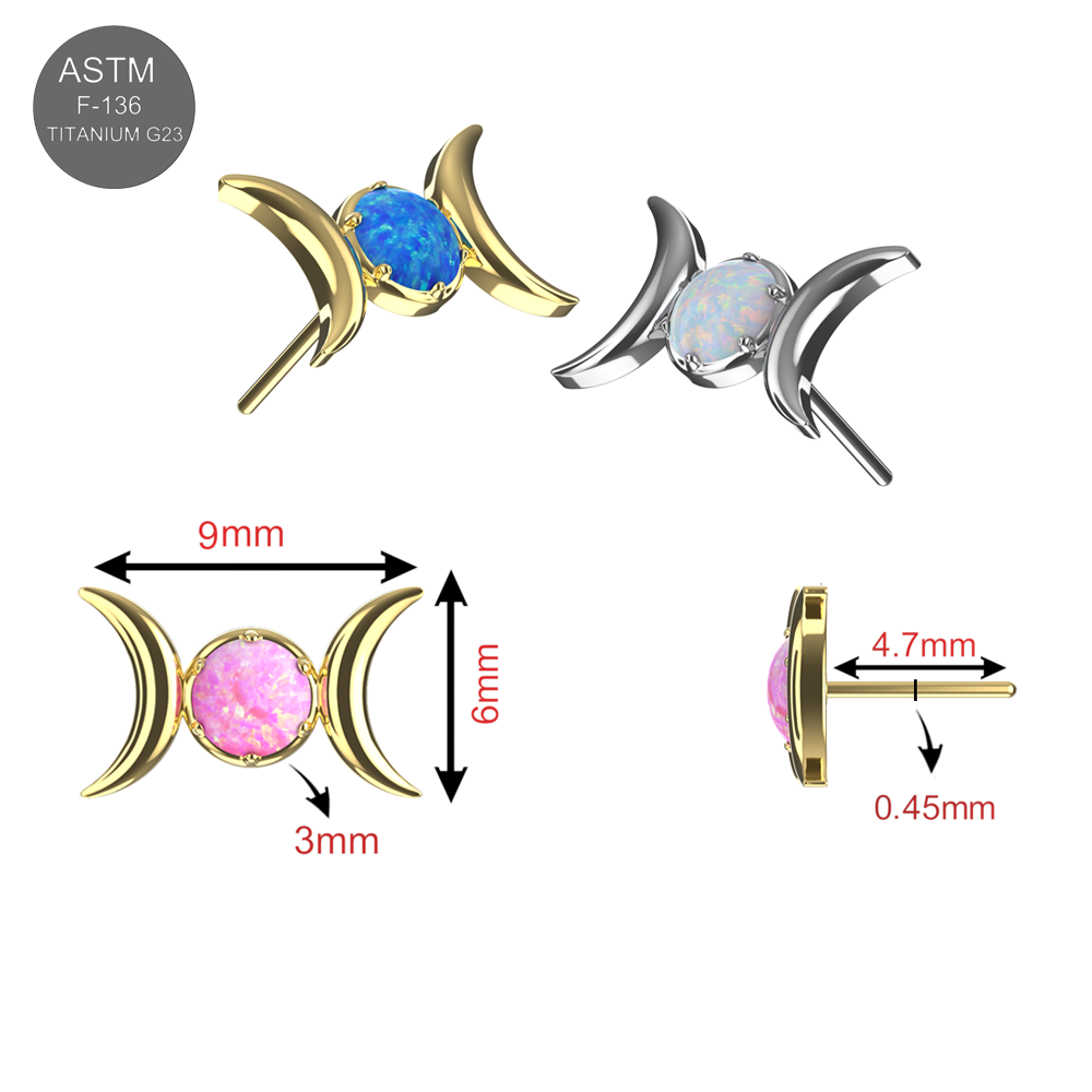 G23 Titanium Celestial Moon Phase Tops in gold and silver with opal centers, shown with size dimensions for body jewelry fit and style reference.