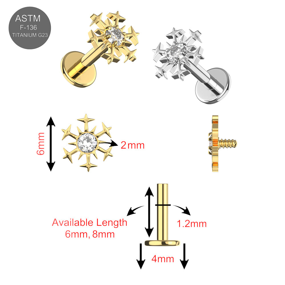 G23 Titanium Snowflake CZ Top With Internal Thread Base Labret - Monster Piercing