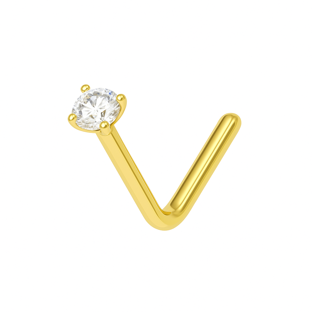14K Gold Claw Set Round Lab Grown Diamond L-Bend Nose Stud - Monster Piercing