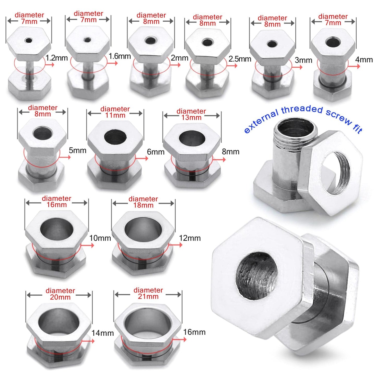316L Surgical Steel Hexagon External Threaded Tunnel - Monster Piercing