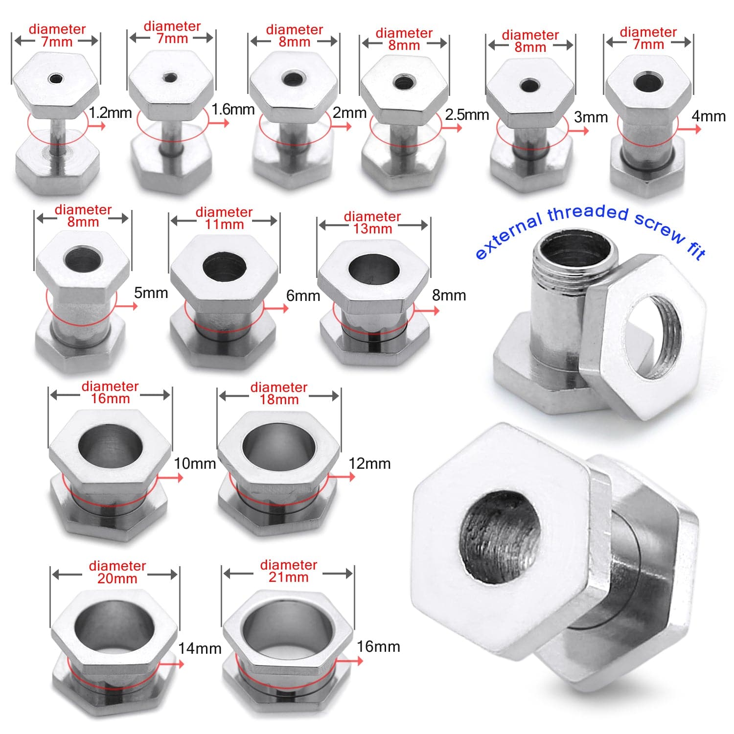 316L Surgical Steel Hexagon External Threaded Tunnel - Monster Piercing