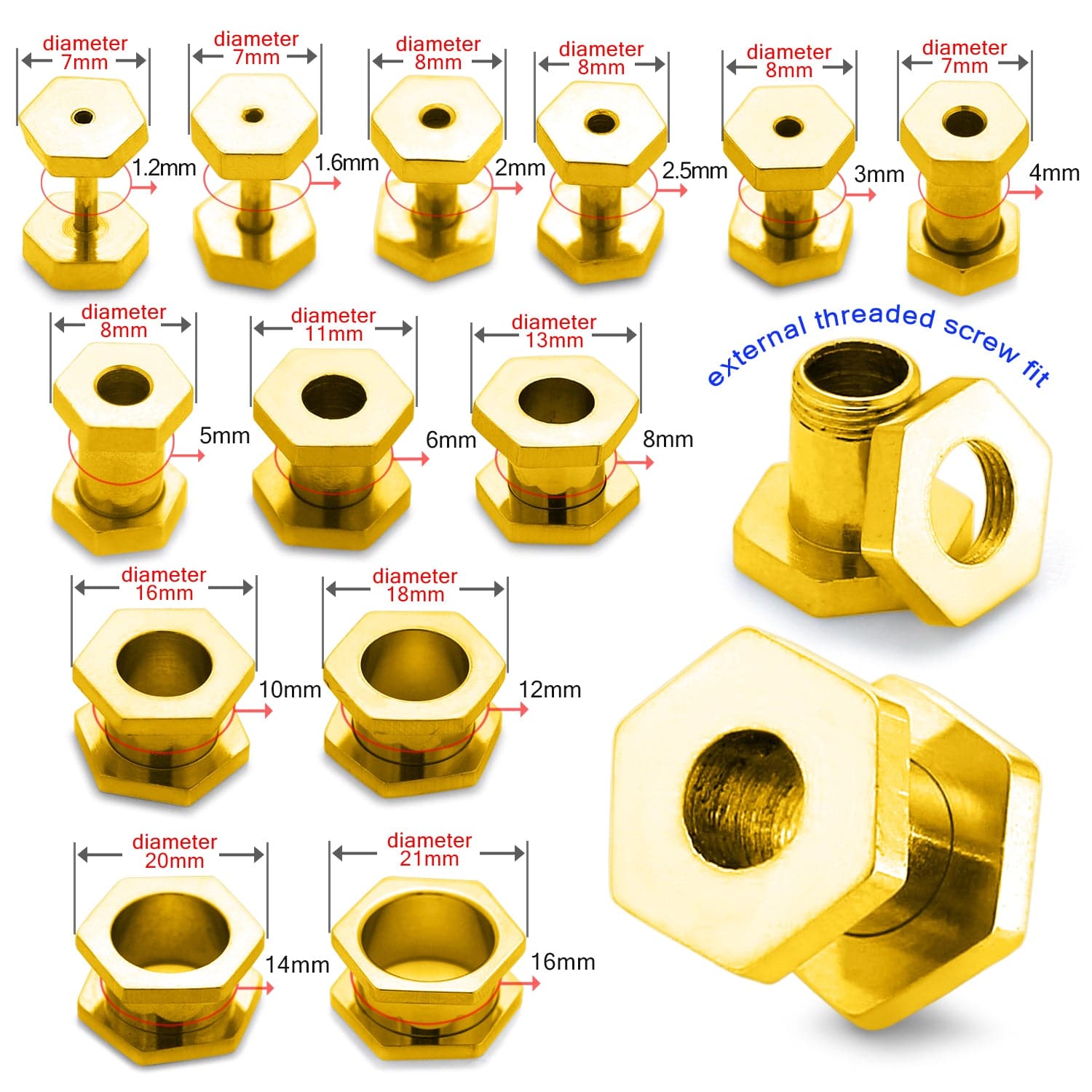 316L Surgical Steel Gold Hexagon External Threaded Tunnel - Monster Piercing