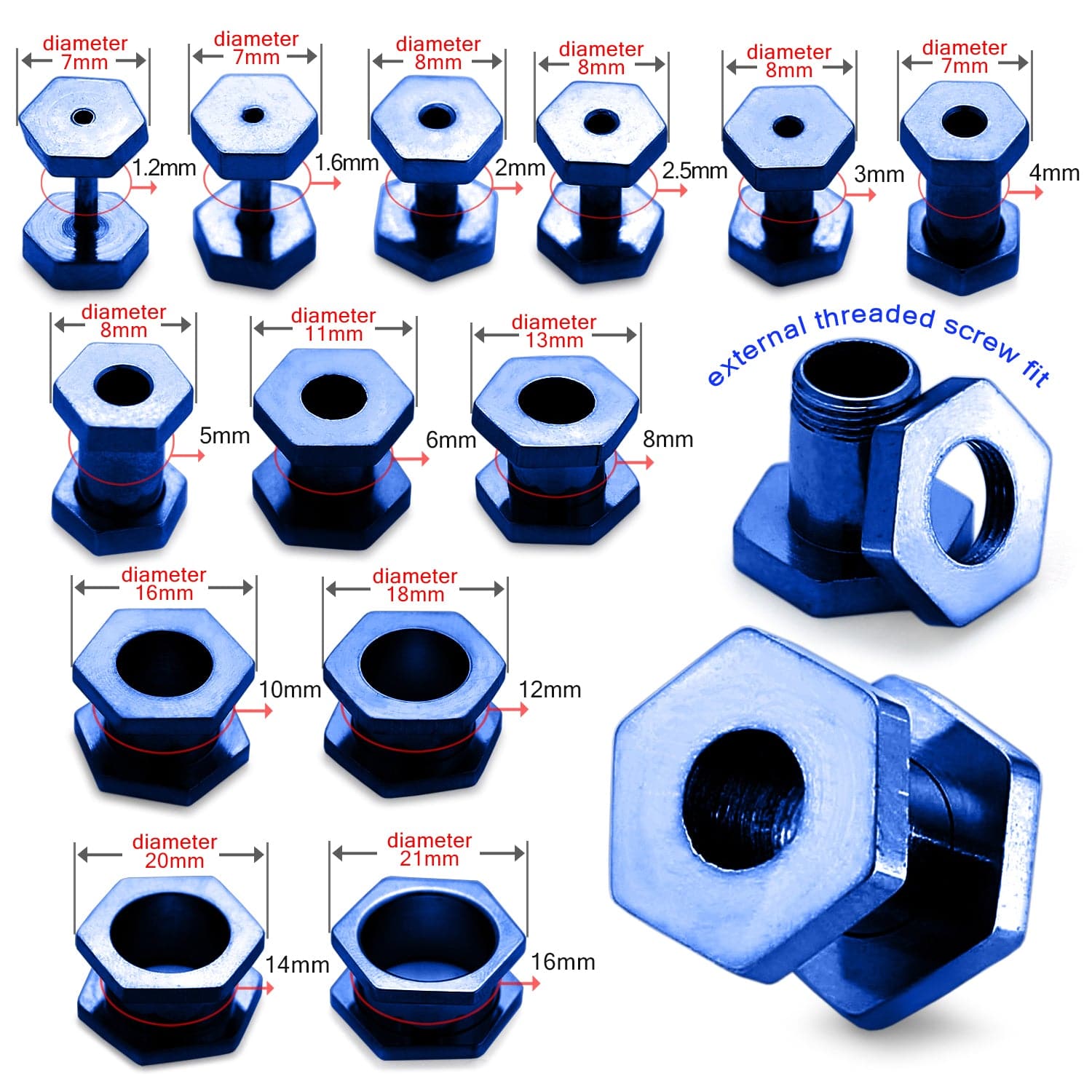 316L Surgical Steel Dark Blue Hexagon External Threaded Tunnel - Monster Piercing
