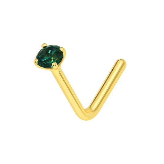 9K Gold Emerald Jewelled L-Bend Nose Stud - Monster Piercing