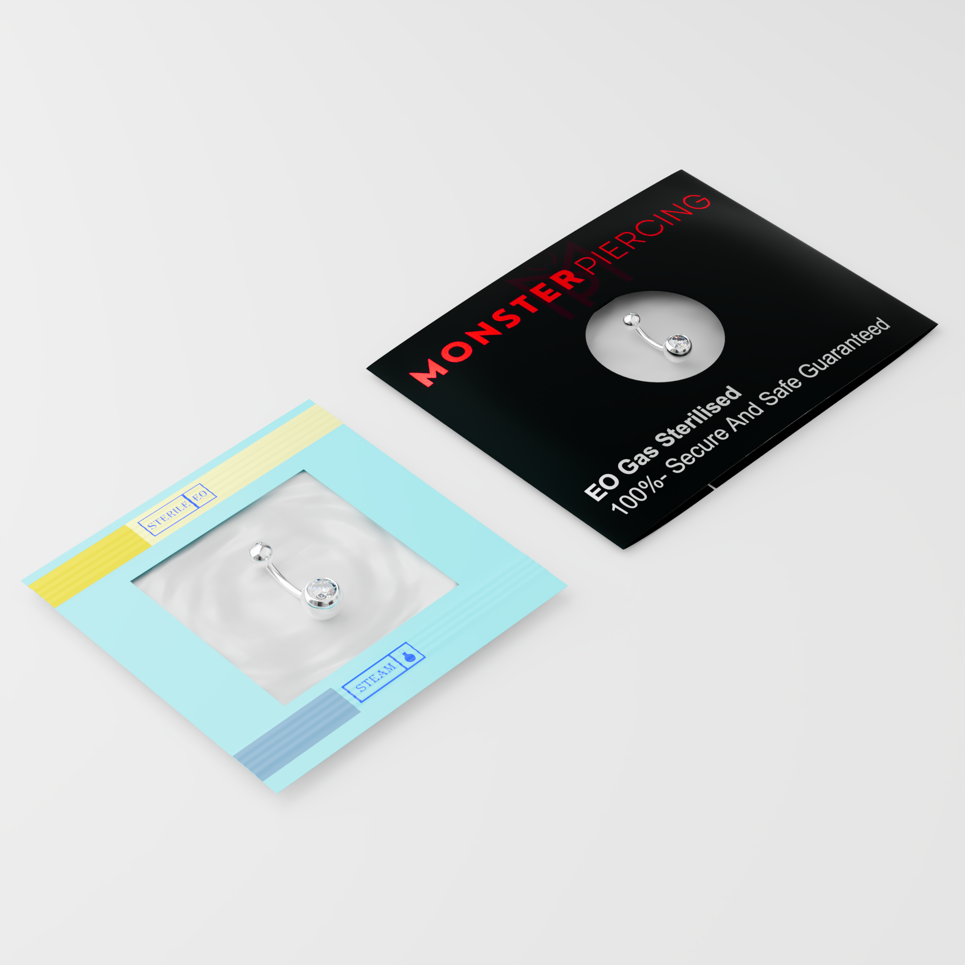 EO Gas Sterilised 316L Surgical Steel Double CZ Jewelled Banana Belly Ring 8mm 10mm 12mm