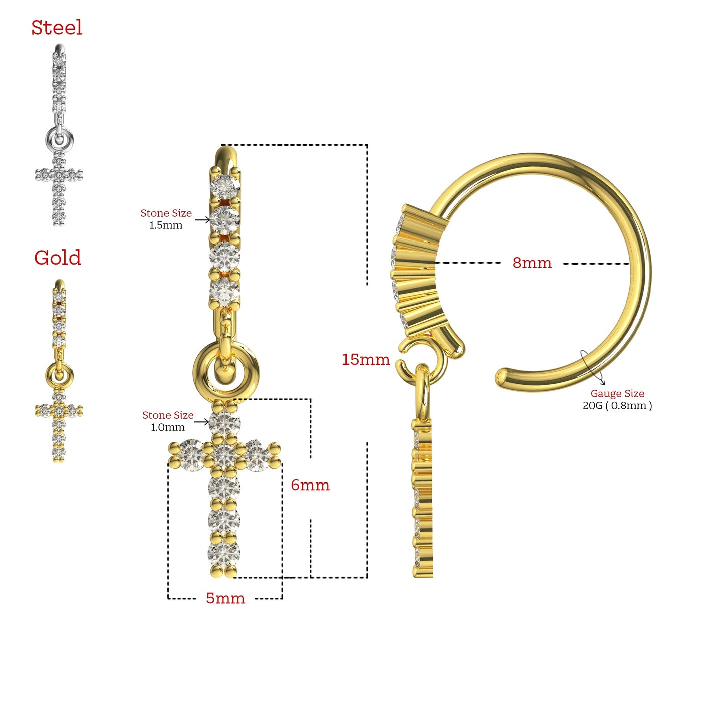 316L Surgical Steel CZ Jewelled Cross Hinged Drop Earring - Monster Piercing
