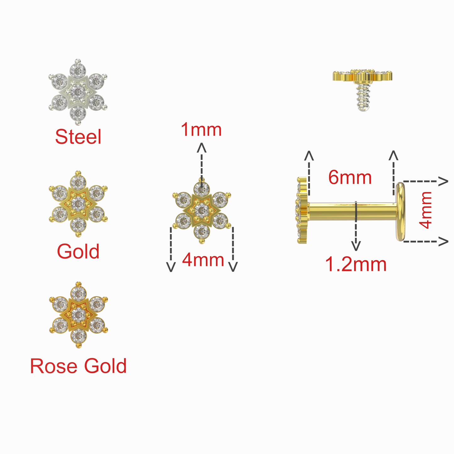 316L Surgical Steel Multi CZ Jewelled Daffodils Internally Threaded Flatback Stud - Monster Piercing