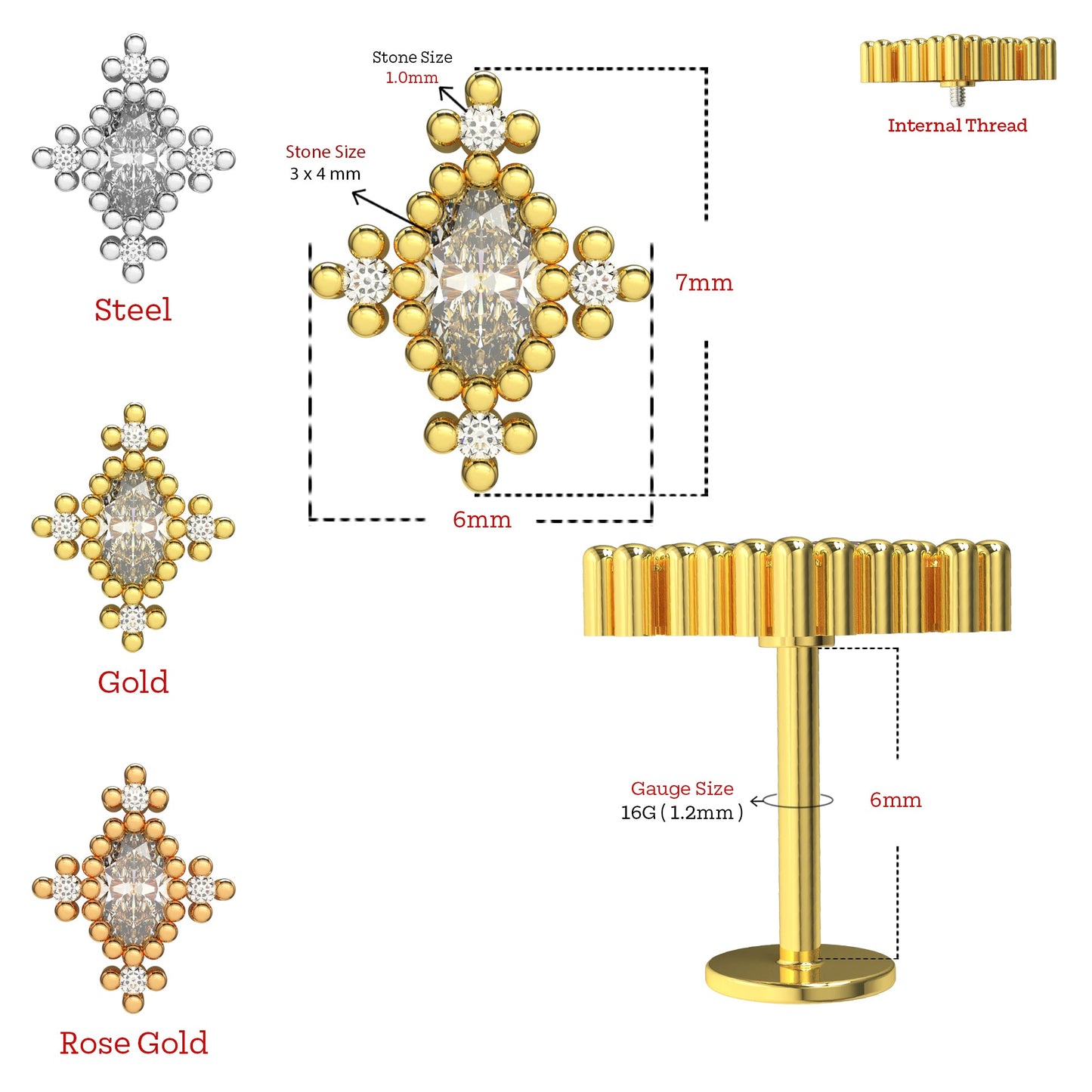 316L Surgical Steel CZ Jewelled Cluster Flatback Stud - Monster Piercing