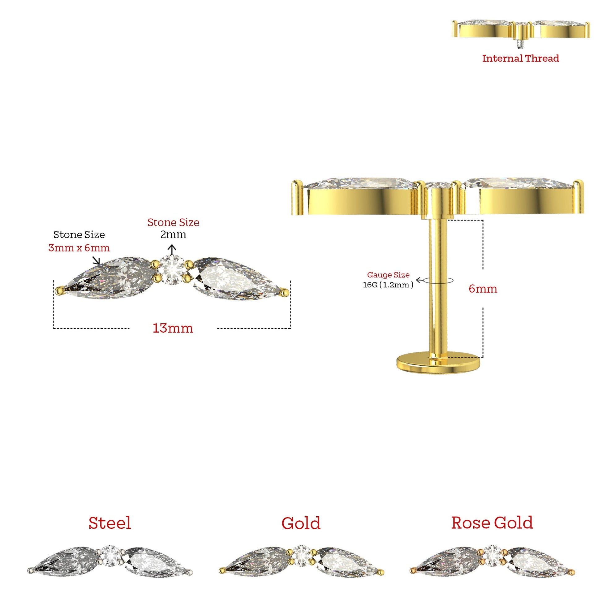 316L Surgical Steel Double Marquise CZ Jewelled Flatback Stud - Monster Piercing