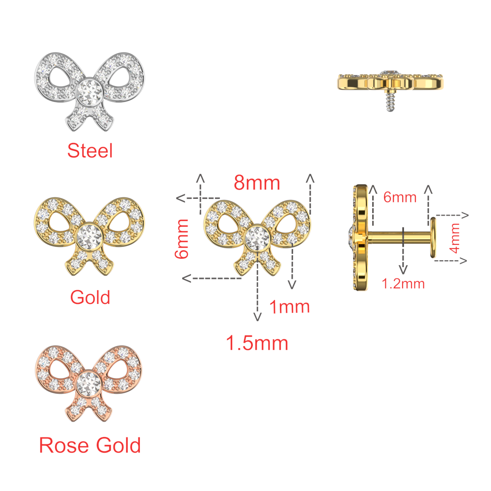 316L Surgical Steel CZ Jewelled Bow Internally Threaded Flatback Stud - Monster Piercing