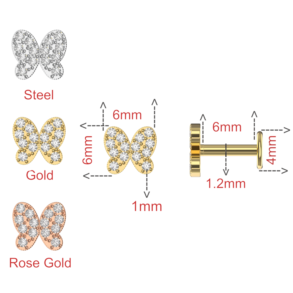 316L Surgical Steel CZ Jewelled Butterfly Internally Threaded Flatback Stud - Monster Piercing